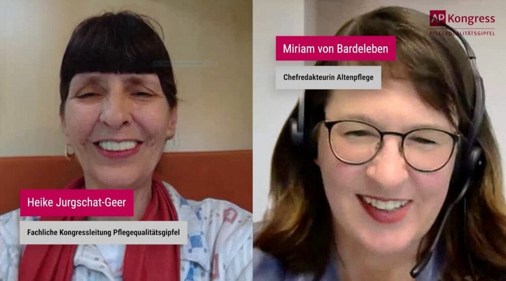 Heike Jurgschat-Geer und Miriam von Bardeleben tauschen sich im Video über die Herausforderungen des Qualitätsmanagements in der Altenpflege aus.