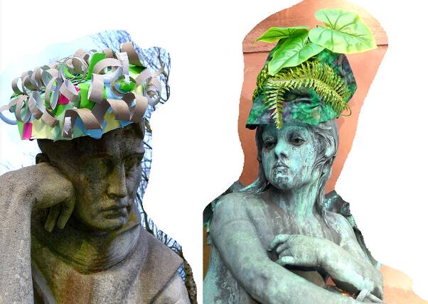 Bunte Hüte auf Statuen