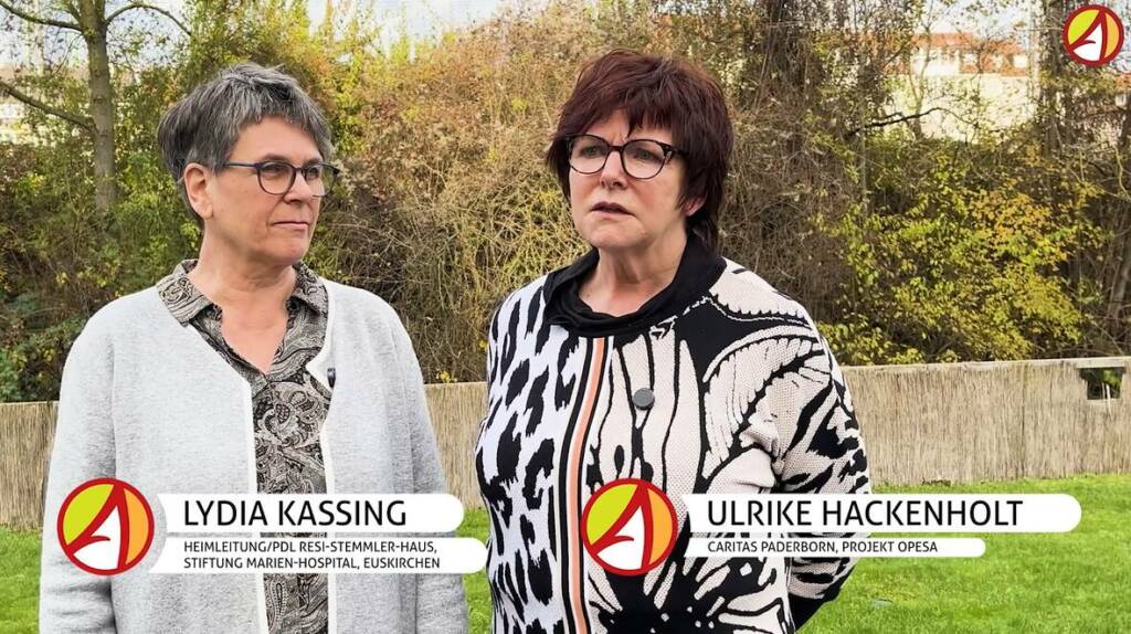 Im Video sprechen Ulrike Hackenholt von der Caritas Paderborn und Lydia Kassing, Heimleitung und PDL im Resi-Stemmler-Haus der Stiftung Marien-Hospital, Euskirchen, von ihren Erfahrungen im Projekt Opesa.