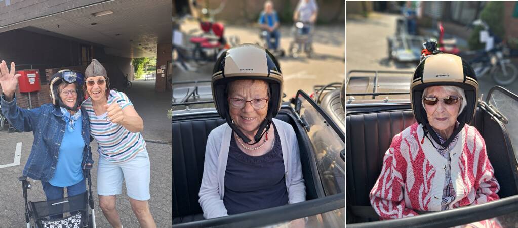 Seniorinnen unternehmen Tour im Motorrad-Beiwagen